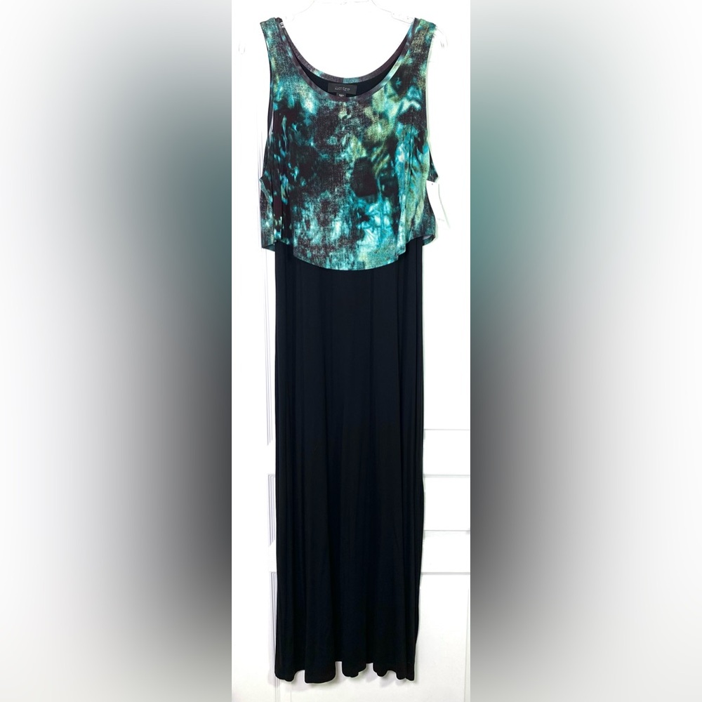Karen Kane Black Tie Dye Popover Tank Top Stretchy Knit Side Slit Maxi Dress
